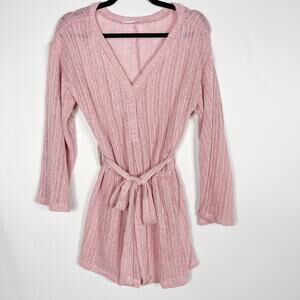 Blue Blush Pink Small S Open Knit Tie Waist Bell Sleeve Romper Cover Up Ribbed